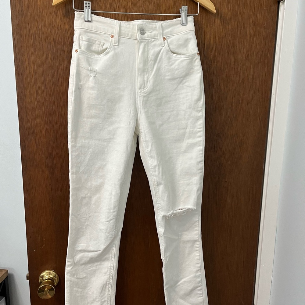PAIGE White Straight Leg Jeans with Distressed Detail